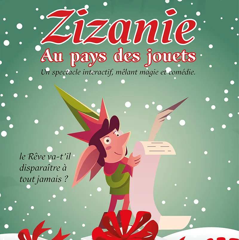 Zizanie au pays des jouets
Magie - Noel
 
Le Père Noël invite les elfes (les enfants) à venir visiter son atelier.

Durant la nuit : « Zizanie », un lutin, s'introduit discrètement dans l'atelier du Père Noël en cherchant à casser la machine à rêves. C'est un gros problème car sans machine, pas de cadeaux, mais surtout le rêve risque de disparaître à tout jamais.

Malgré cela, la machine fonctionne une dernière fois et en fait sortir le ministre du rêve venant du futur. Il avertit le Père Noël que Zizanie est un mauvais lutin voulant briser la magie de Noël et que dans une heure, il cassera la machine. Comme il faut sauver le rêve, il lui demande de congédier Zizanie.

Le Père Noël refuse car il a une idée en tête pour faire revenir Zizanie sur le juste chemin, mais y arrivera-t-il ?  

Ce spectacle est très interactif. A l'issue de l'explication des enjeux, une roue ayant plusieurs icônes (magie, théâtre, chant, gag...) sera dévoilée sur scène. A tour de rôle les enfants vont venir tourner la roue déclenchant l'action qui lui est associée (tour de magie si la roue s'arrête sur «magie»par exemple). Entre chaque tour de roue, une scène faisant avancer l'histoire aura lieu.